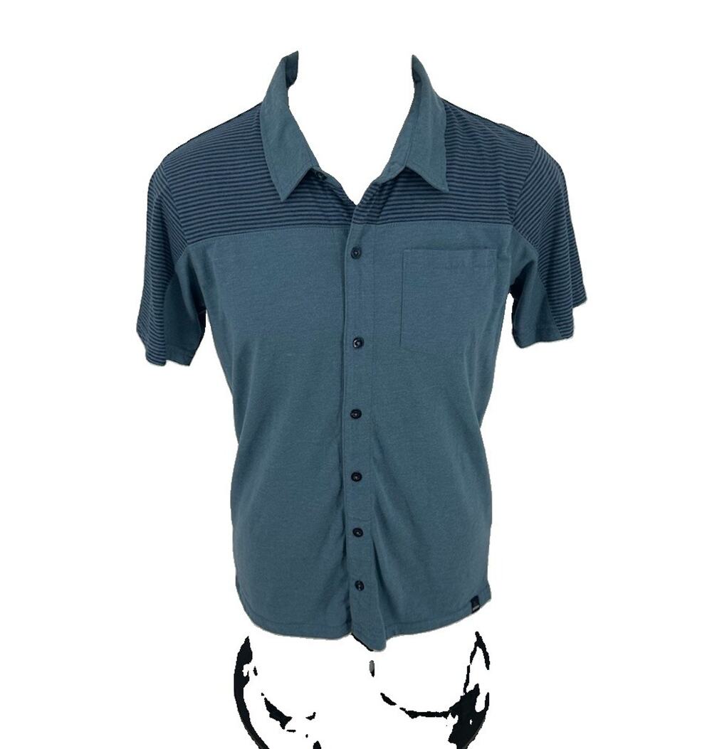 Prana Breathe Camp Shirt Men M Blue Striped Short Sleeve Hiking Button Up X16
